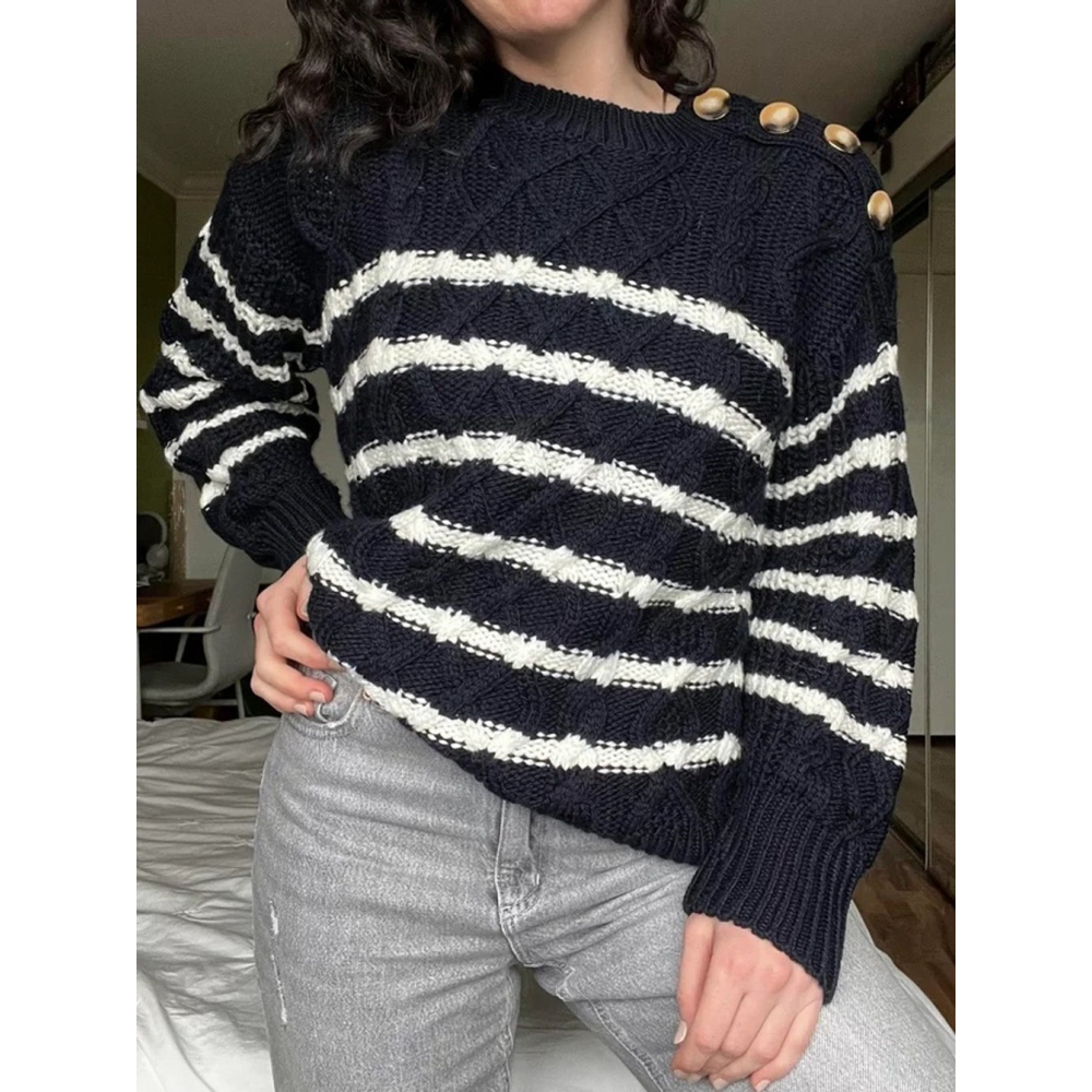 Autres Filles Womens Striped Chunky Knit Sweater Navy White Size Small